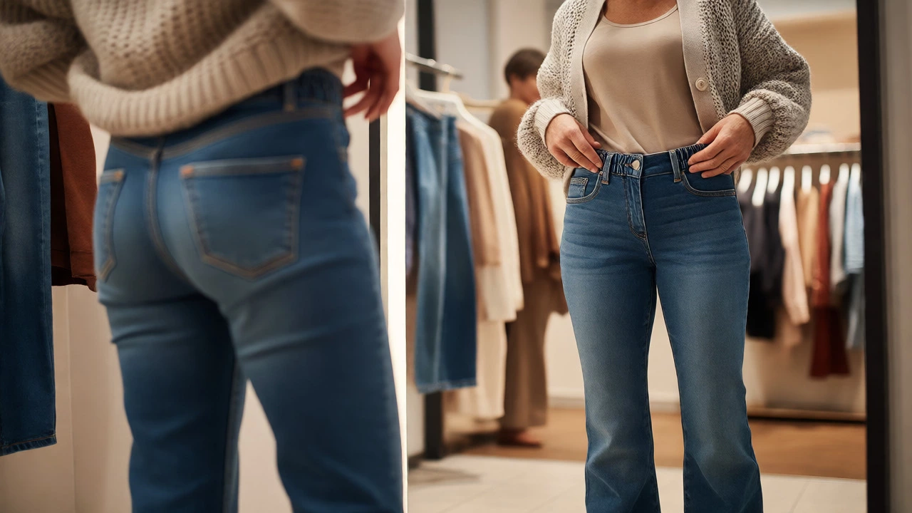 Mature woman trying on comfortable bootcut jeans in a boutique fitting room