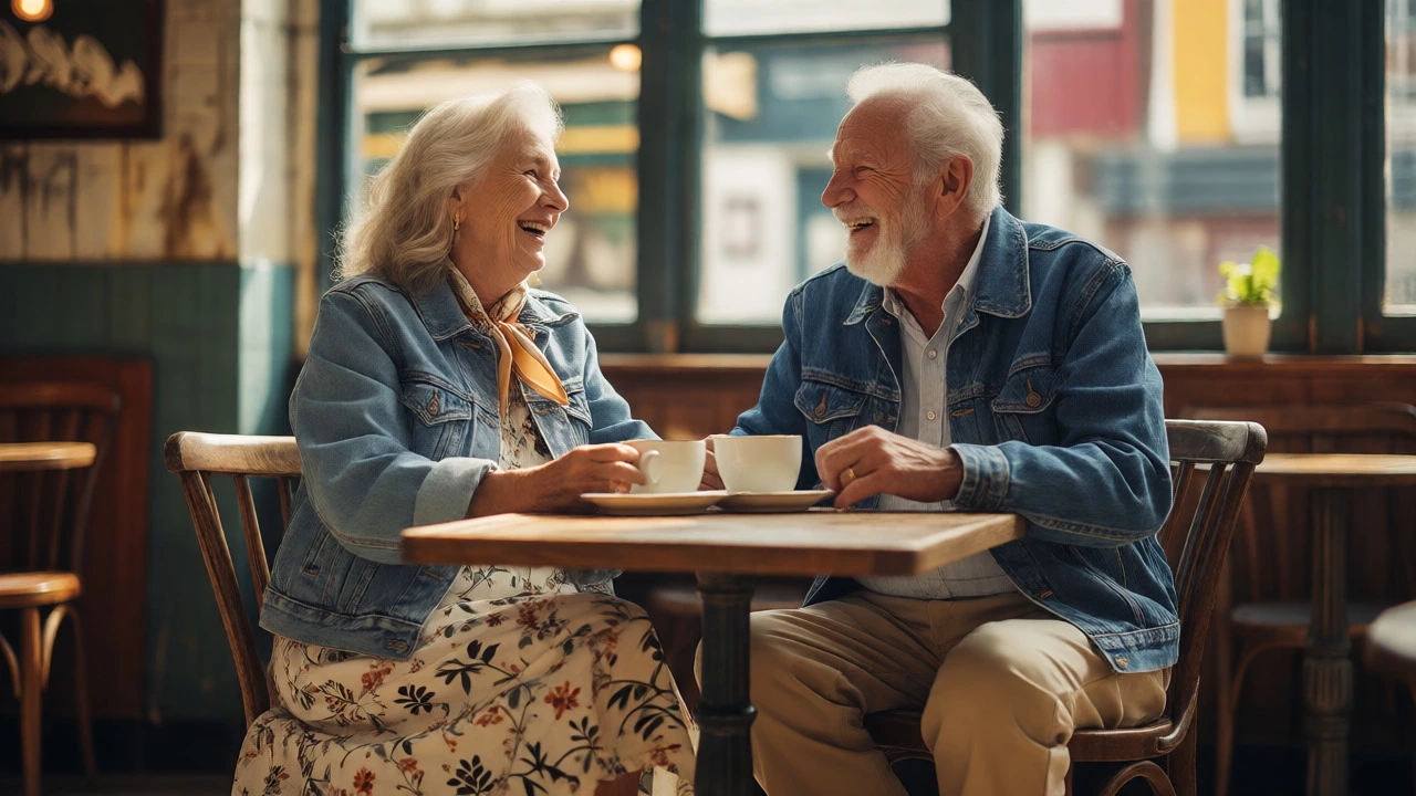 Older couple in denim jackets chatting in a Dublin cafe