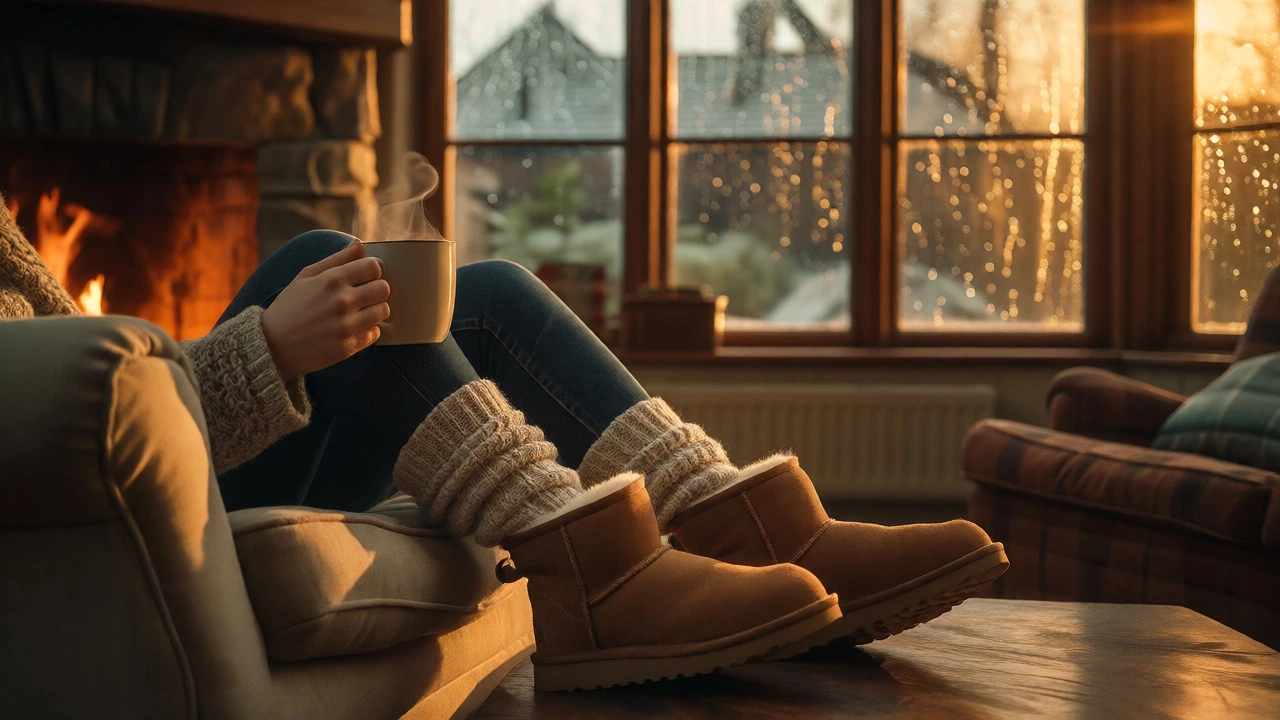 Person wearing UGG boots indoors by a fireplace with tea, safe from the rain