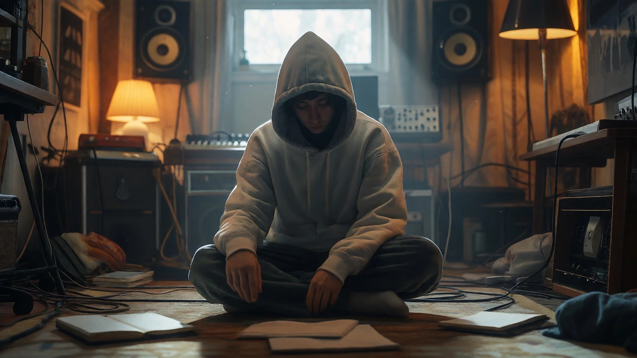 Rapper in oversized hoodie sitting cross-legged in a cozy, cluttered home studio