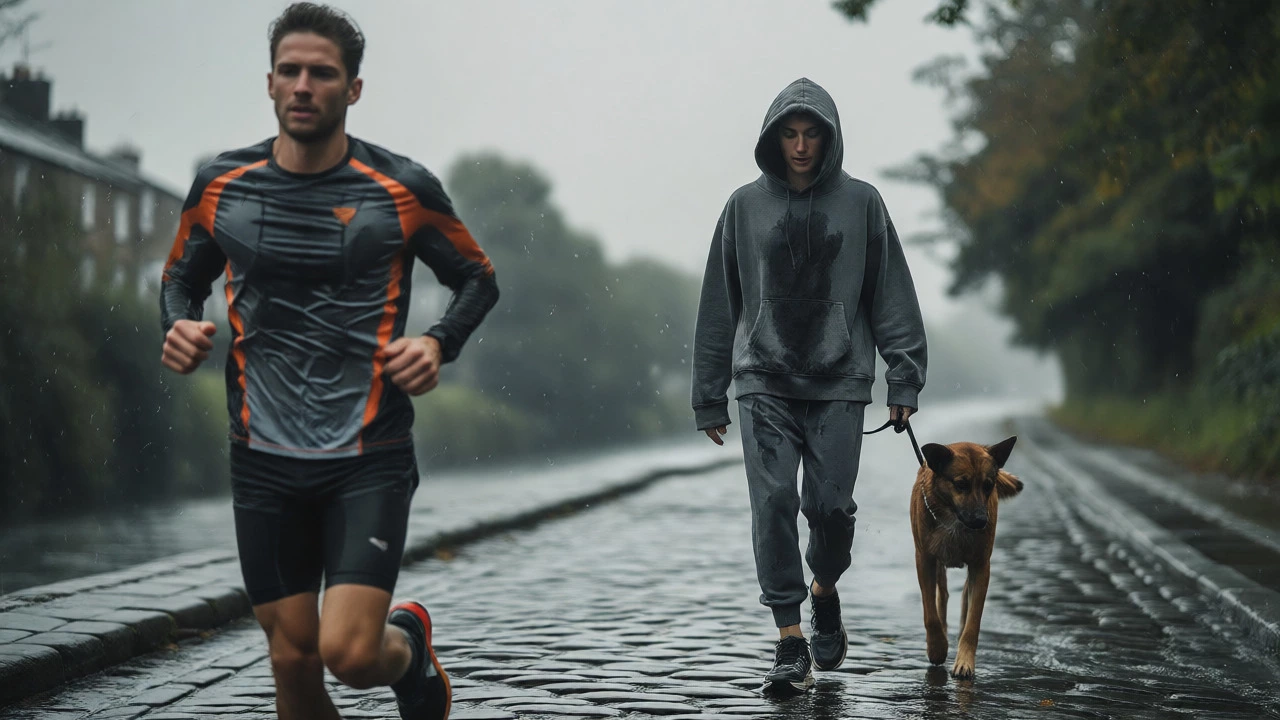 Runner in dry athletic gear passing a walker in damp cotton sportswear on a rainy Dublin canal path.