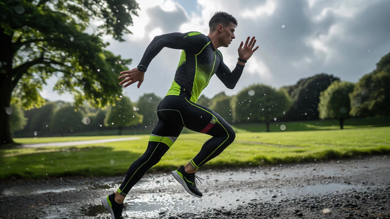 Runner in technical gear sprinting through rainy Phoenix Park