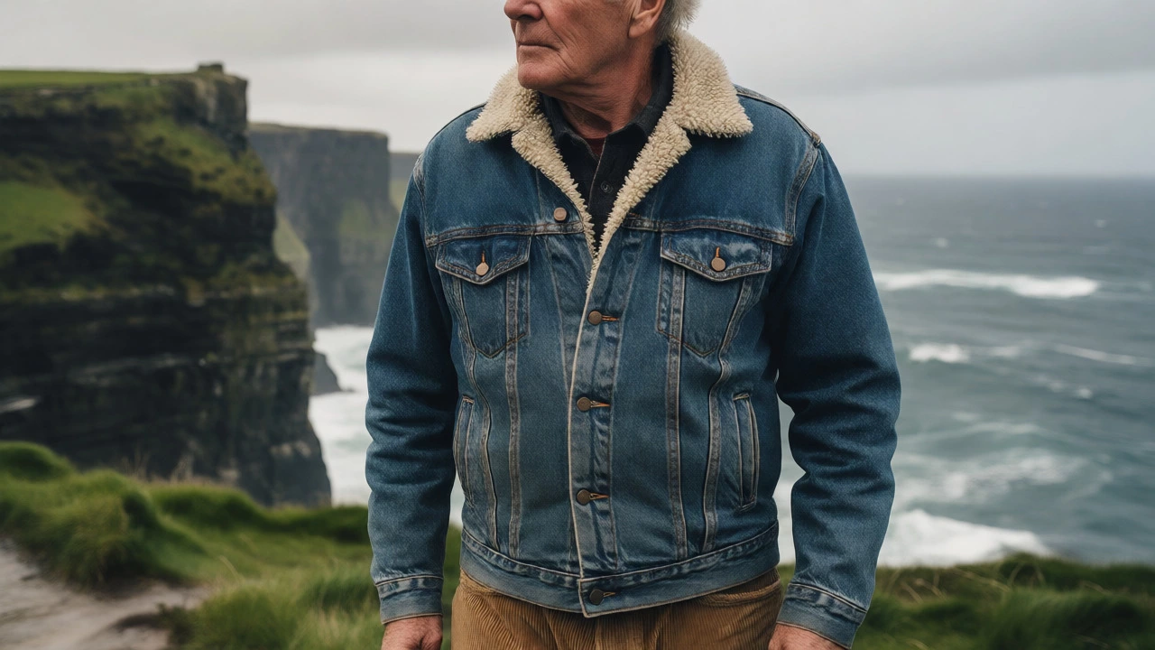 Senior man in sherpa-lined denim jacket by Irish coast