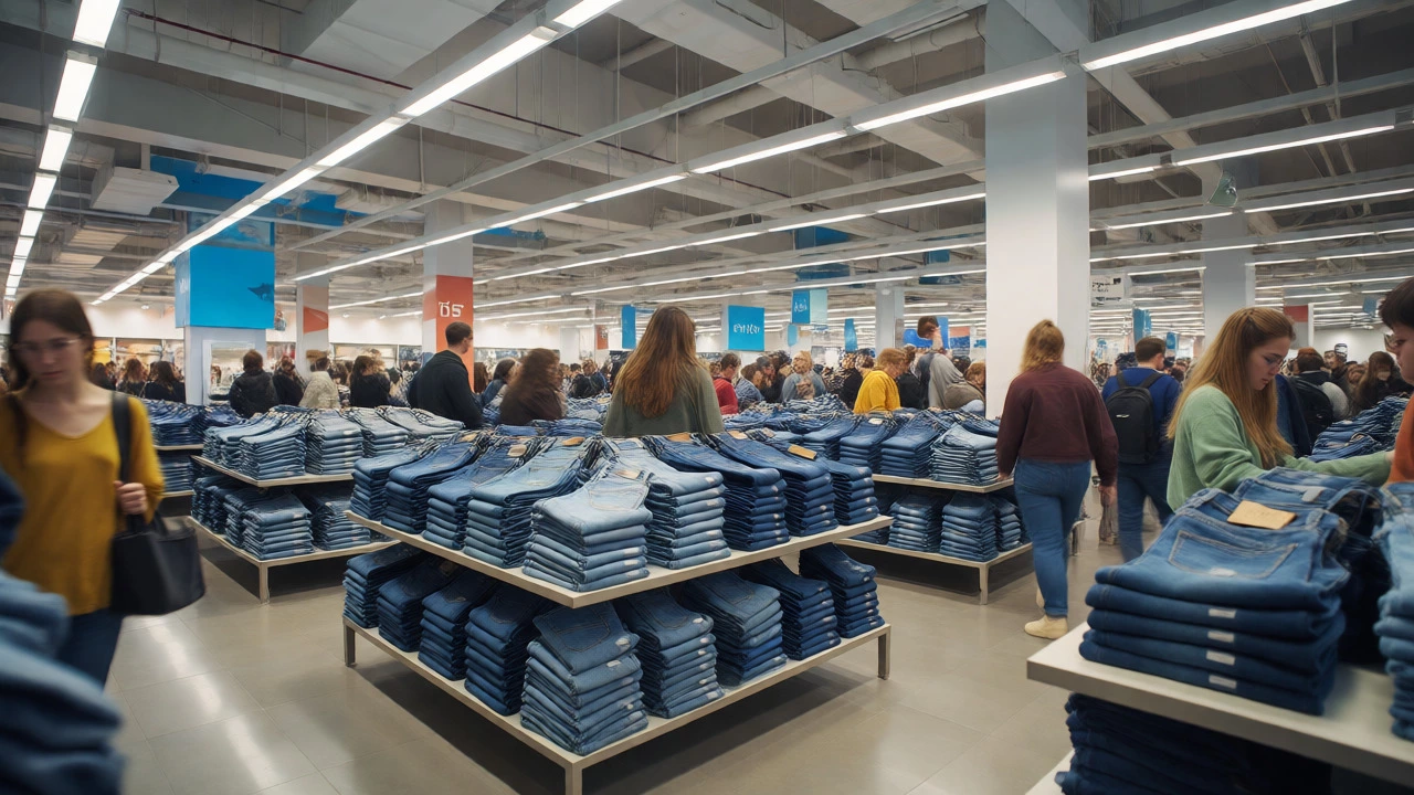 Shoppers browsing stacks of affordable jeans in a busy retail store