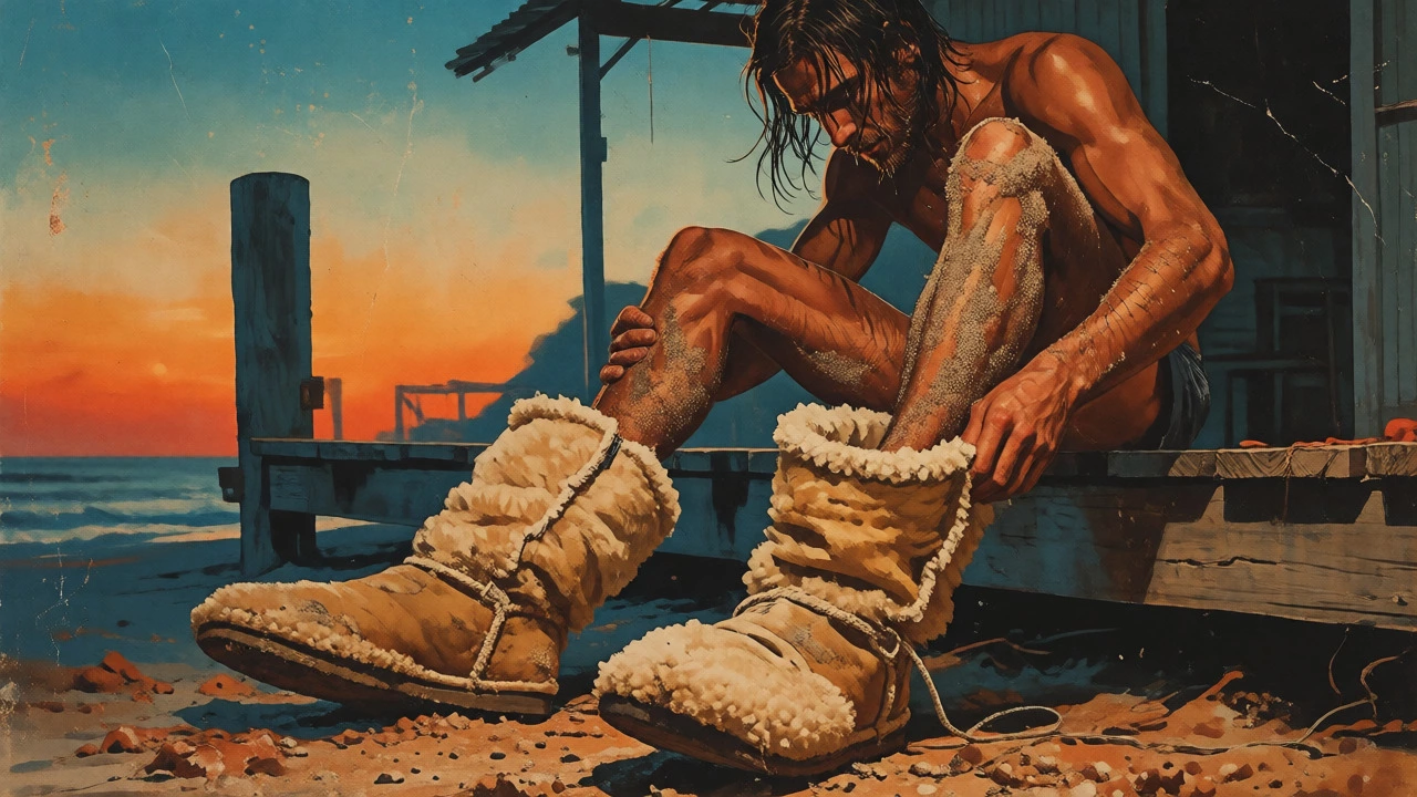Surfer putting on vintage sheepskin boots at sunset
