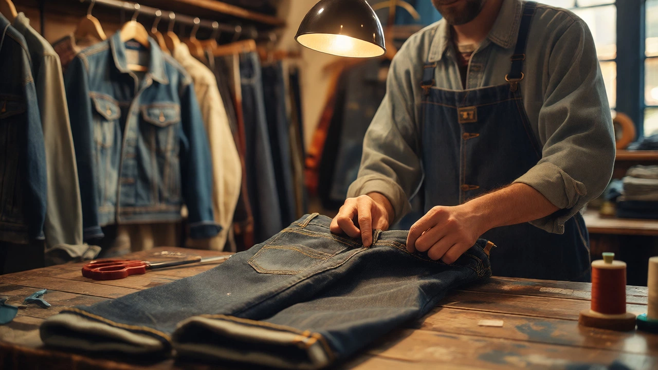 Tailor repairing vintage denim jeans in a cozy boutique workshop