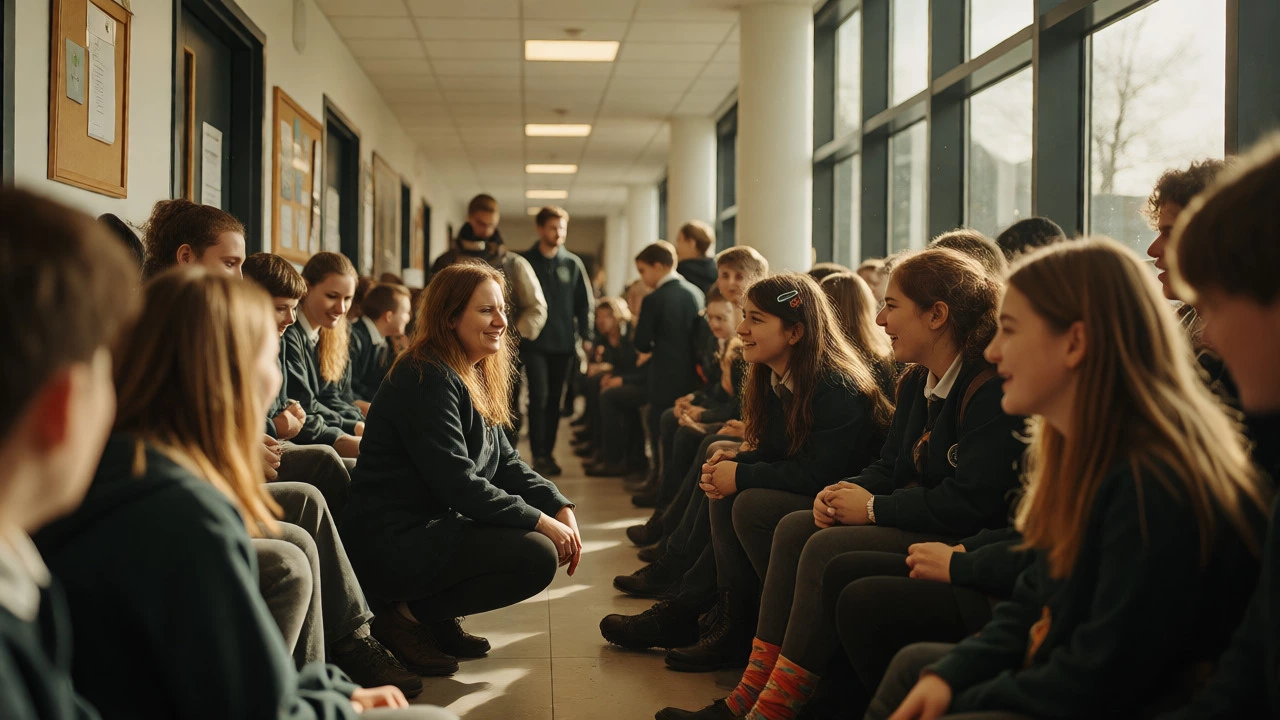 Teachers and students interacting warmly in a sunlit school hallway emphasizing positive culture.
