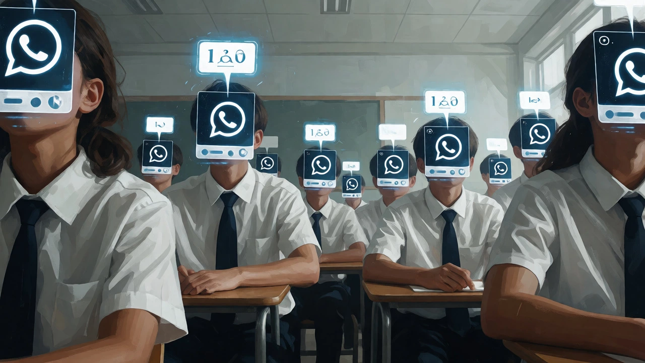 Teenagers in school uniforms with glowing digital icons representing online bullying pressures.