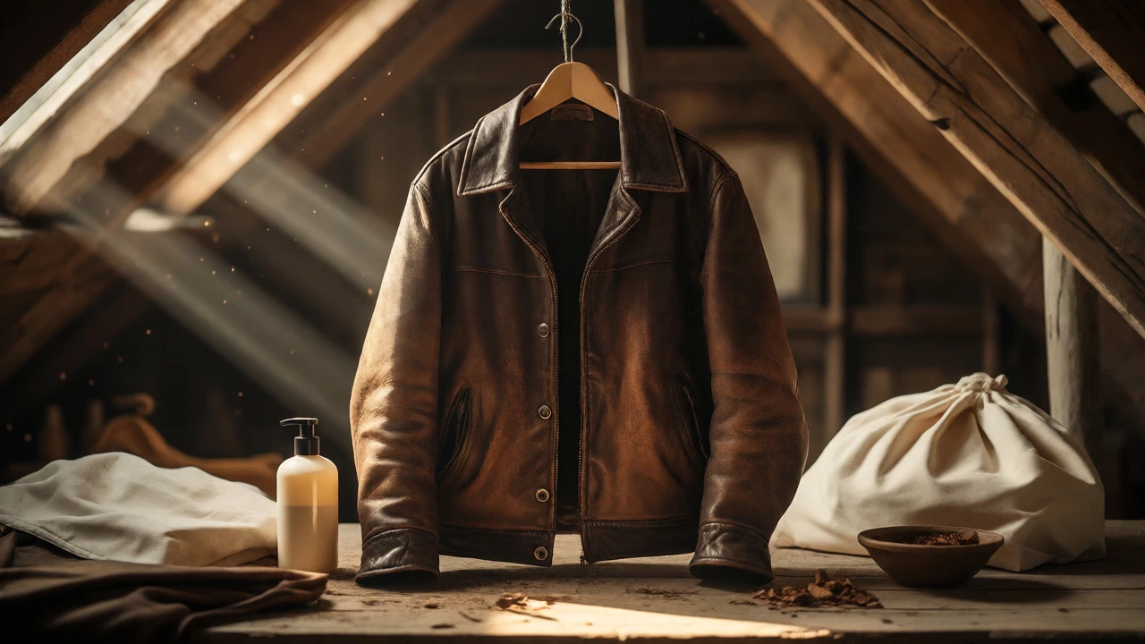 Vintage leather jacket on a wooden hanger with care products in a sunlit attic