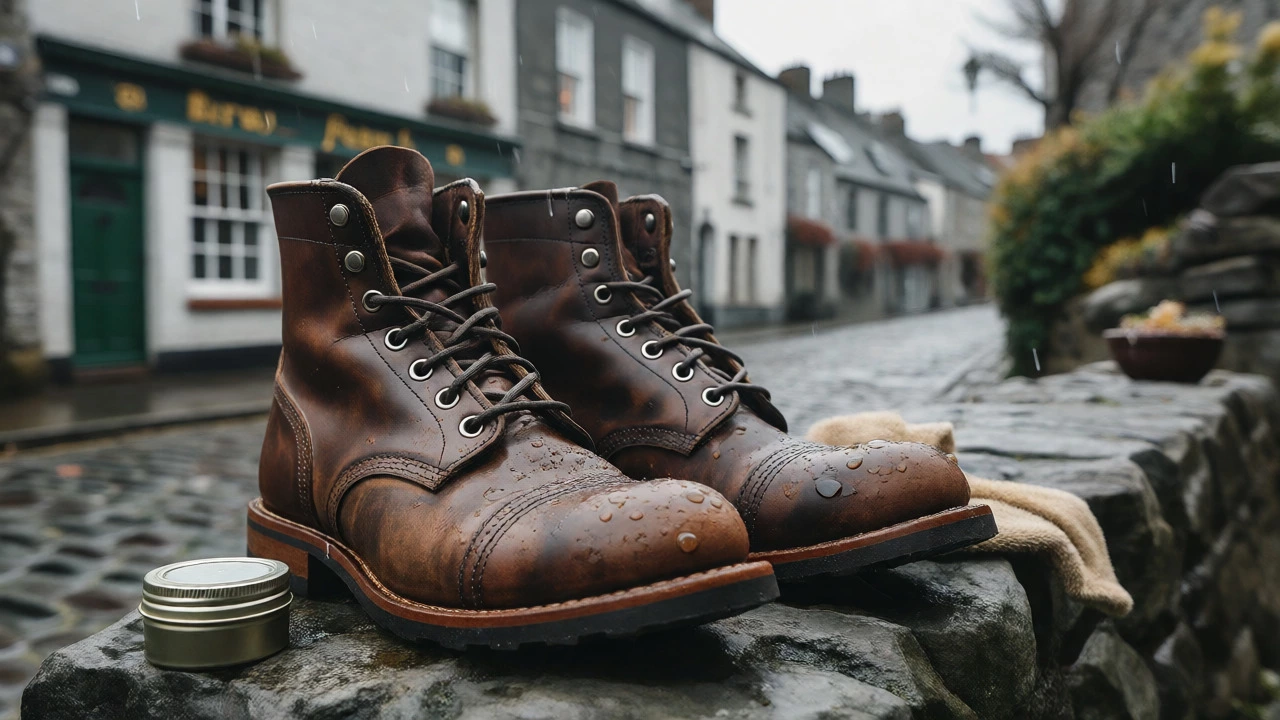Waxed leather boots on wet cobblestones in Galway, demonstrating water resistance.