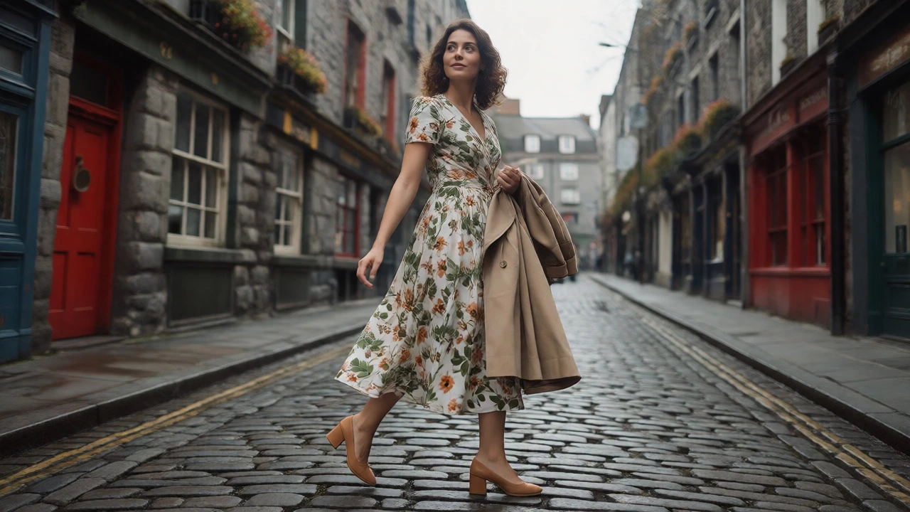 Woman in tea-length dress walking on Galway cobblestones