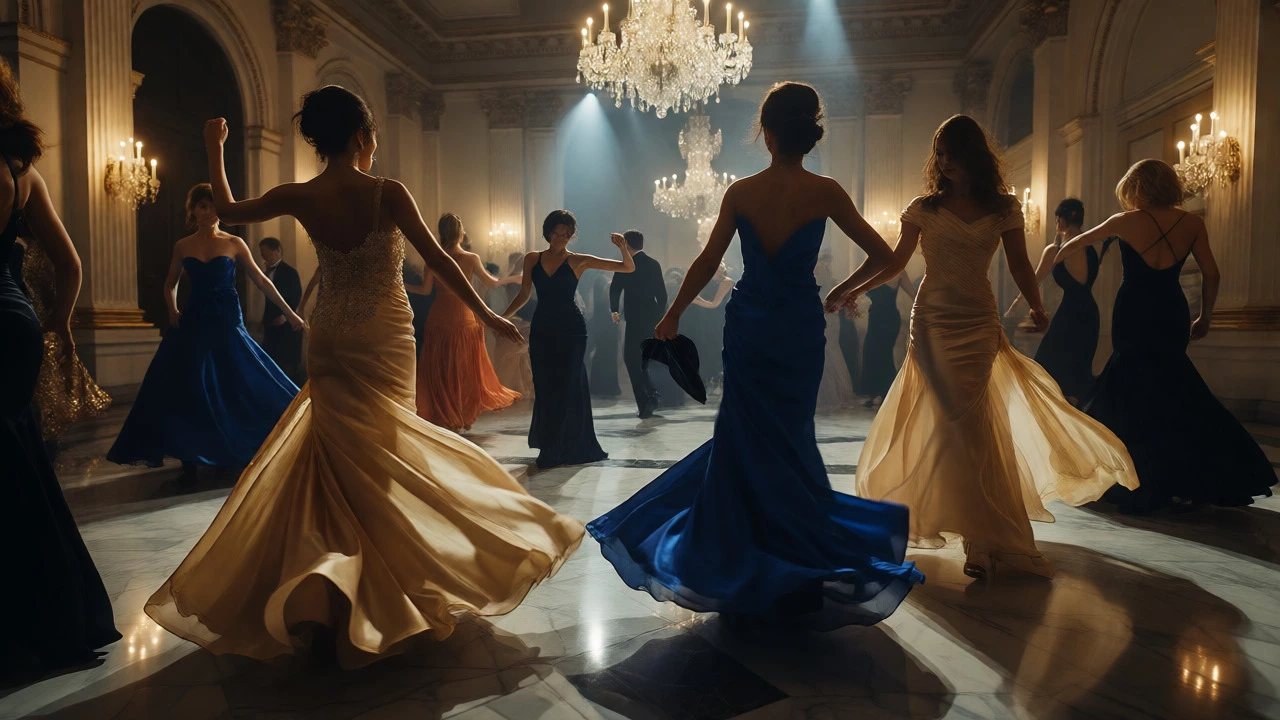 Women in floor-length gowns dancing at a formal Dublin gala
