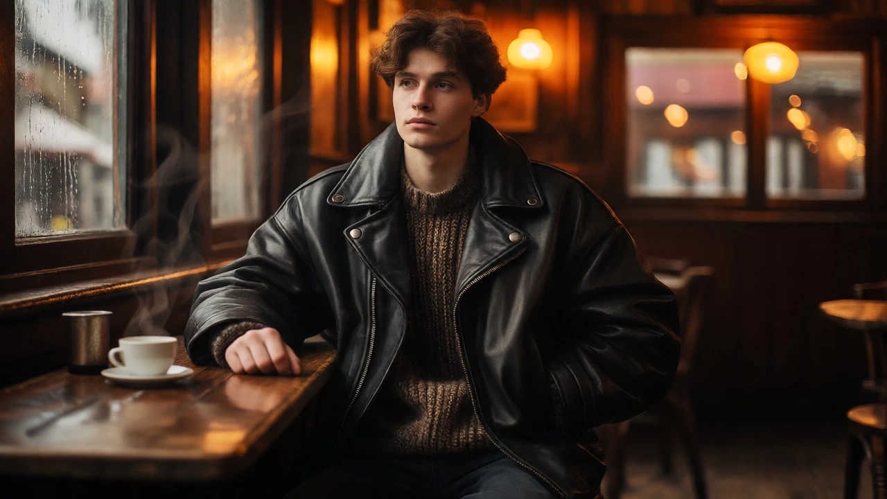Young person wearing an oversized black leather jacket in a cozy Dublin pub